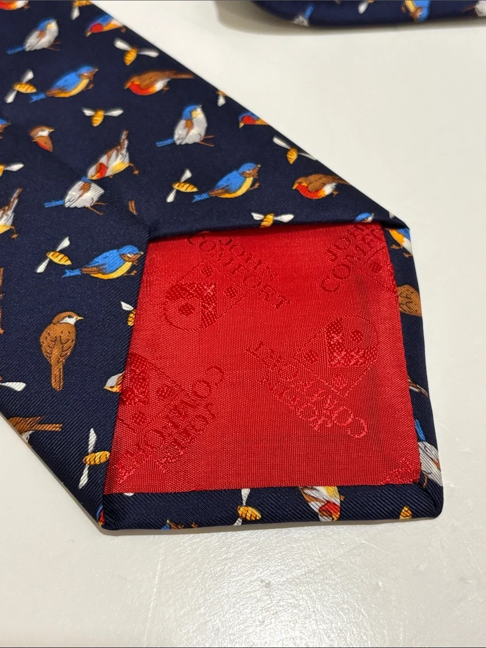 Harrods Navy Silk Tie with Colorful Songbirds and Bees